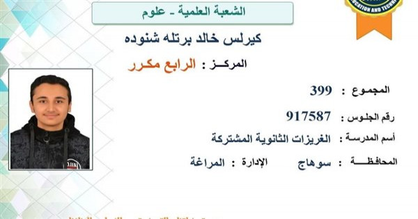 كيرلس خالد ..الرابع على الجمهورية علمي بقنا: مثلي الأعلى والدي.. سهر وتعب معايا طوال العام