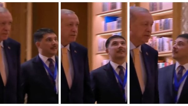 نظراته بتحكي كل حاجة.. مرافق الرئيس التركي أردوغان ينبهر بالقصر الرئاسي